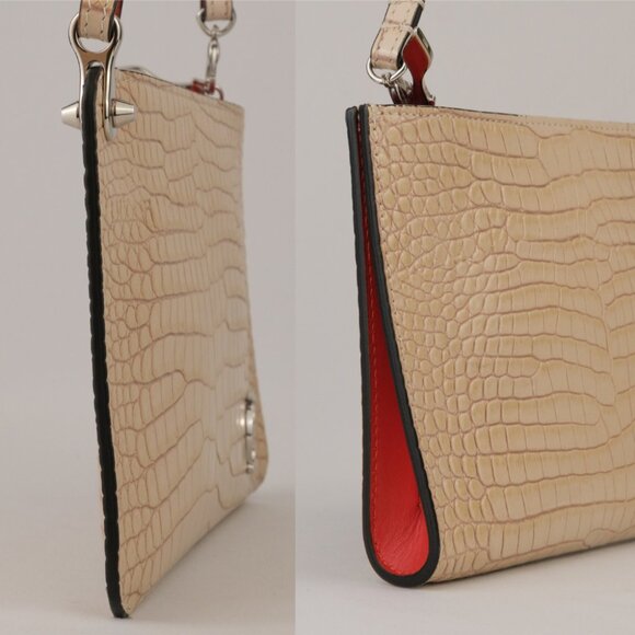 Christian Louboutin Mini Logo Croc-Embossed Leather Zip Pouch Clutch, Beige - Picture 4 of 10